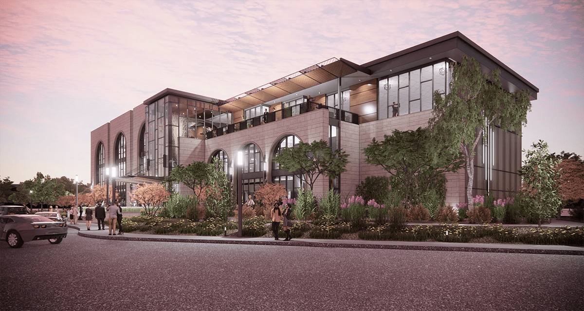 Rendering of the New Performing Arts Center Front of the building with large arched glass windows