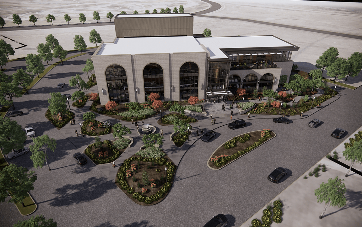 Rendering of the New Performing Arts Center grounds and front of building with large arched glass windows