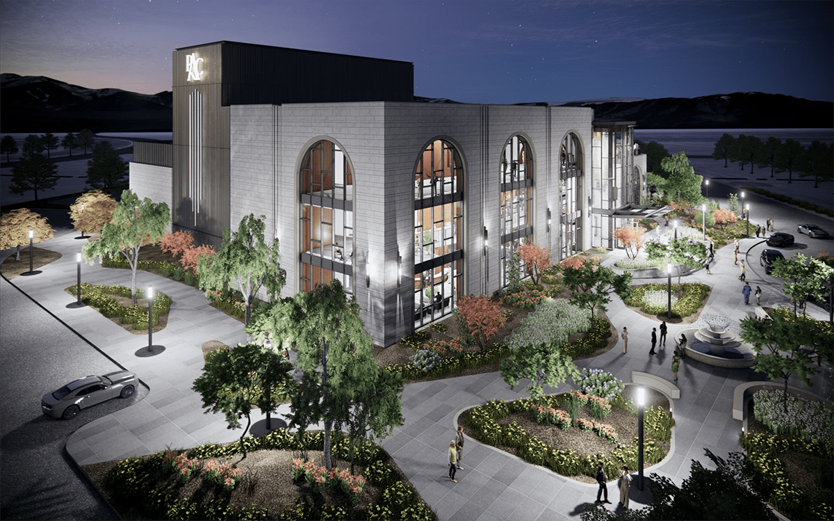 Rendering of the New Performing Arts Center grounds and front of building with large arched glass windows