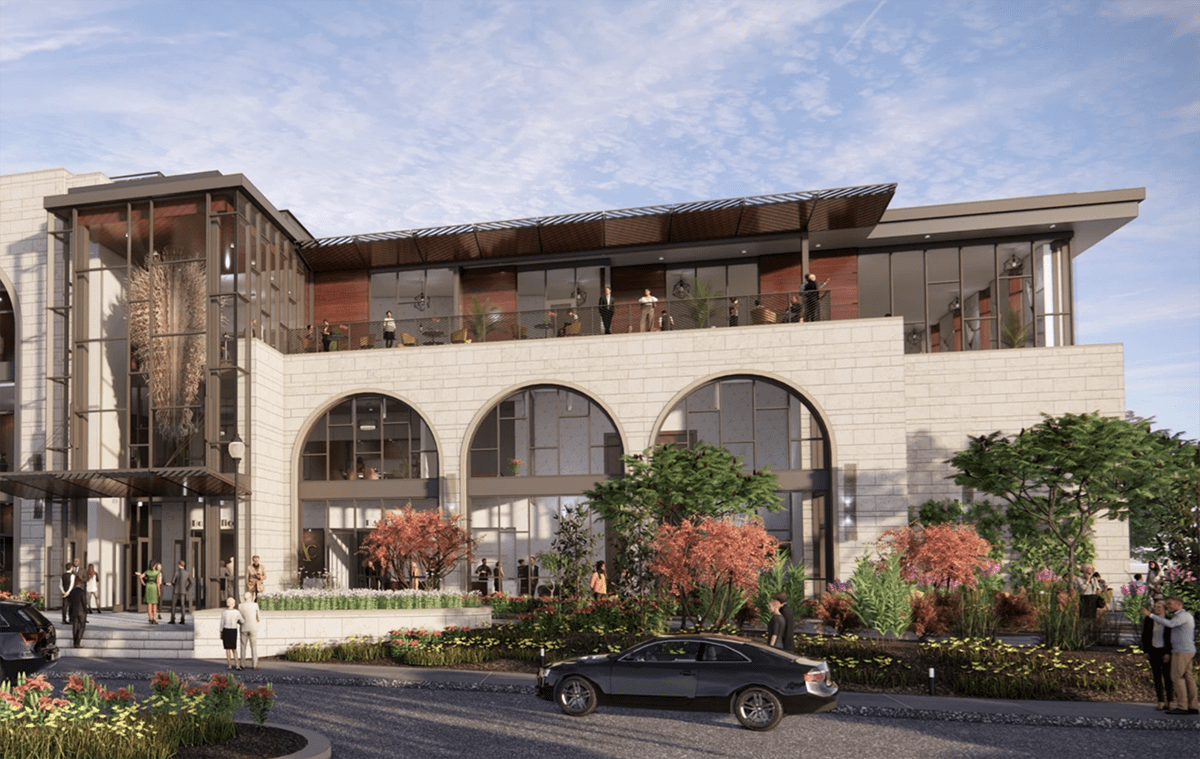 Rendering of the New Performing Arts Center Front of the building with large arched glass windows