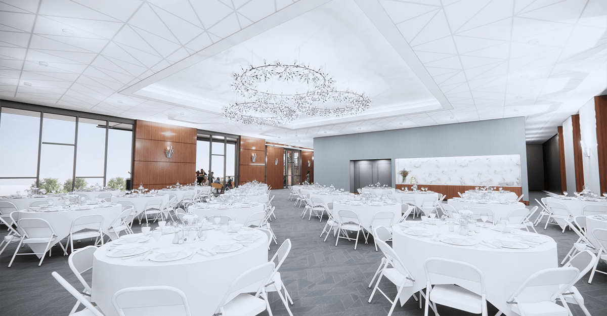 rendering of events area with several round tables and large windows