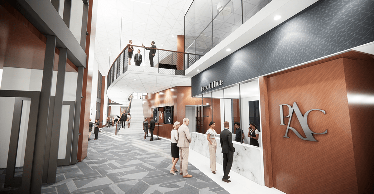 rendering of ticket office and balcony above with tall ceilings