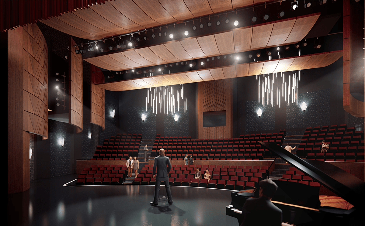 Rendering of a large rounded main stage facing seats and lighting
